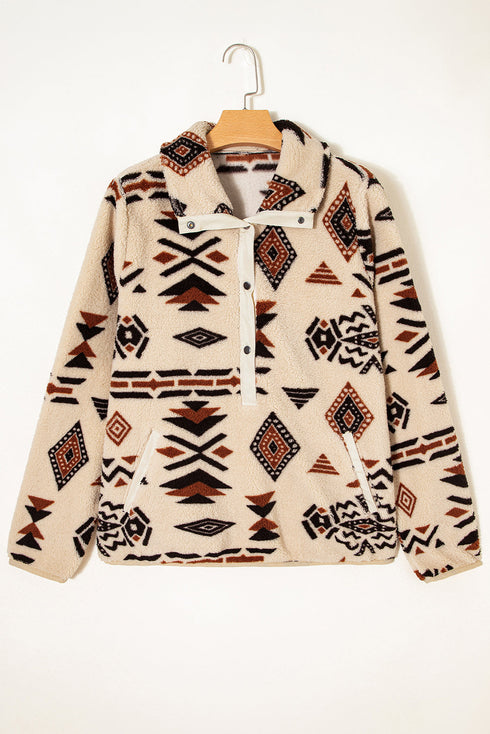 Aztec Yoke Sherpa Half Zip Stand Collar Kangaroo Pocket Sweatshirt